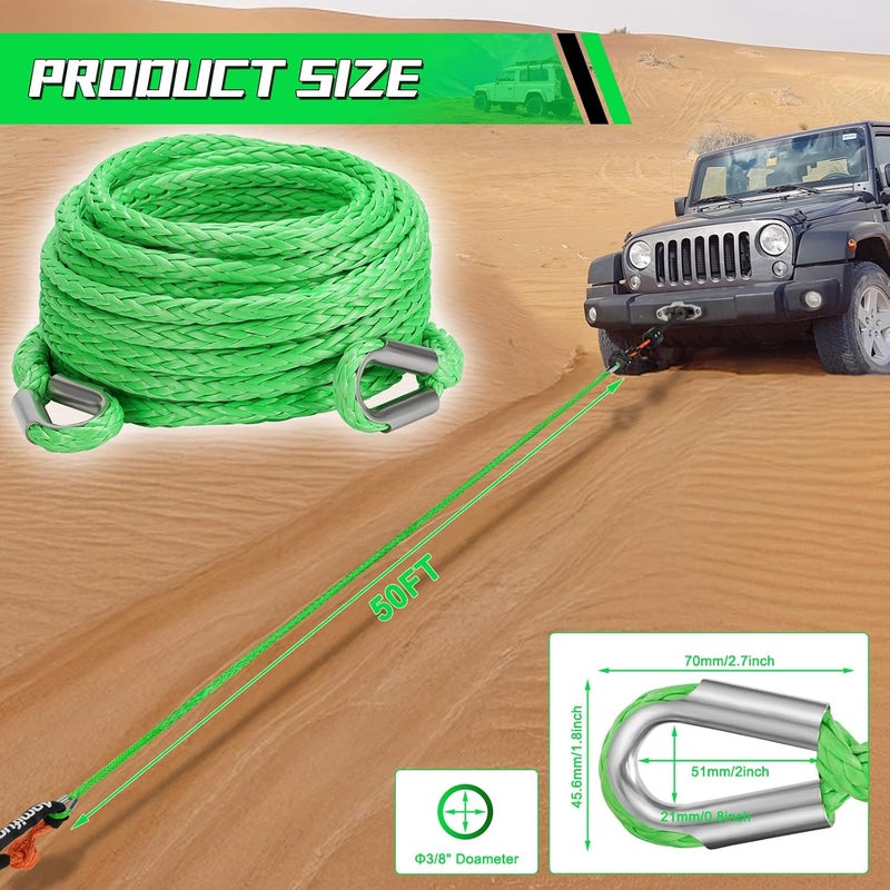 Aomifunny Synthetic Winch Rope Extension, 3/8Inch x 50Ft 26500 Lbs Winch Extension Cable Replacement Tow Ropes Line for Off Road Vehicle ATV UTV Truck SUV Jeep (Green) - Image 3